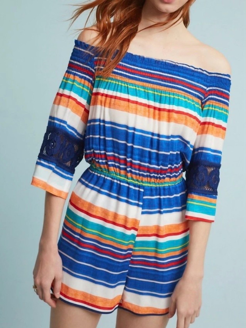 NWOT Anthropologie Bright Bold Stripe Off Shoulder Romper Plenty Tracy Reese XL